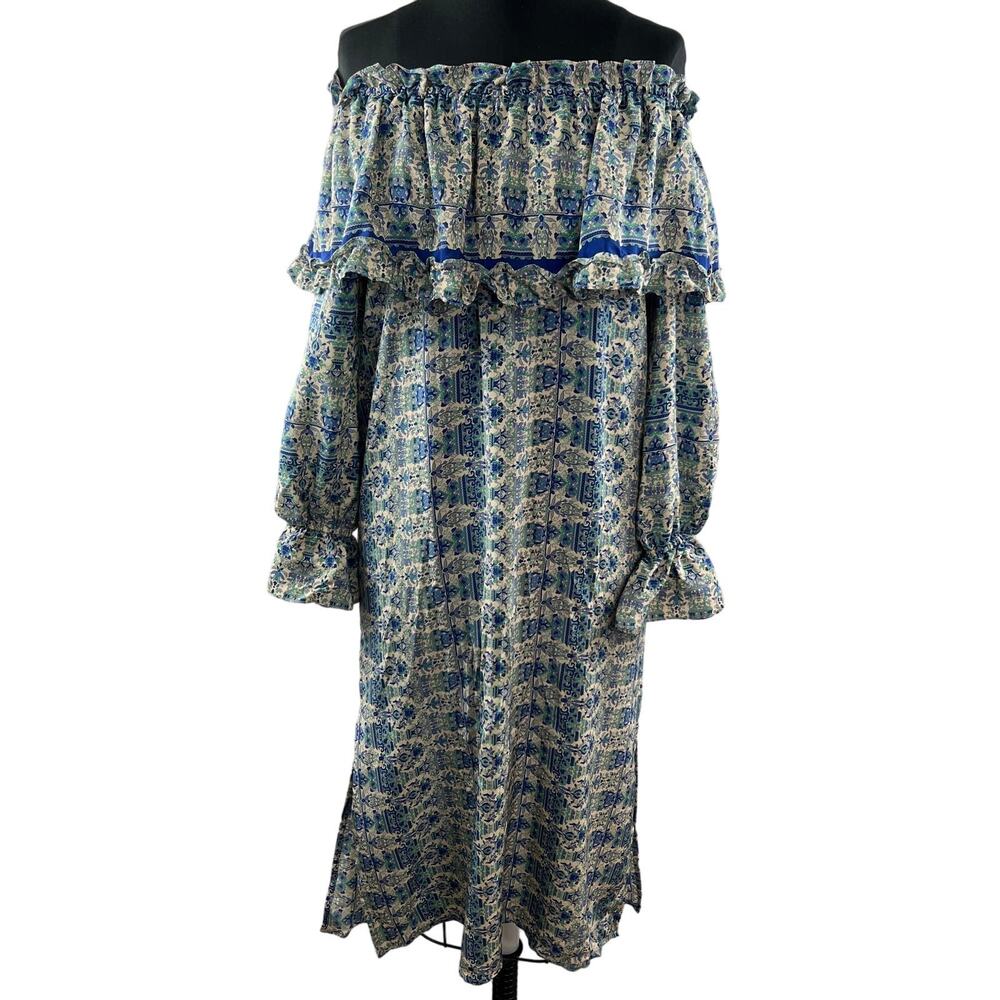 Kristinit Off The Shoulder Silk Dress Balloon Sleeve Flounce Neck Ruffles Sz XS